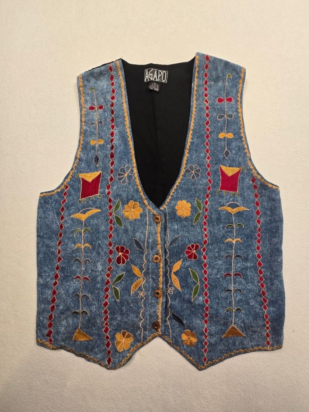 Vintage Agapo Womens 1X Embroidered Denim Vest Blue Floral Button Up Boho